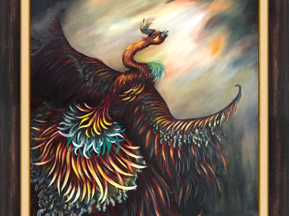 zümrütü anka, tuval, yağlı boya, simurg, phoenix, emerald phoenix