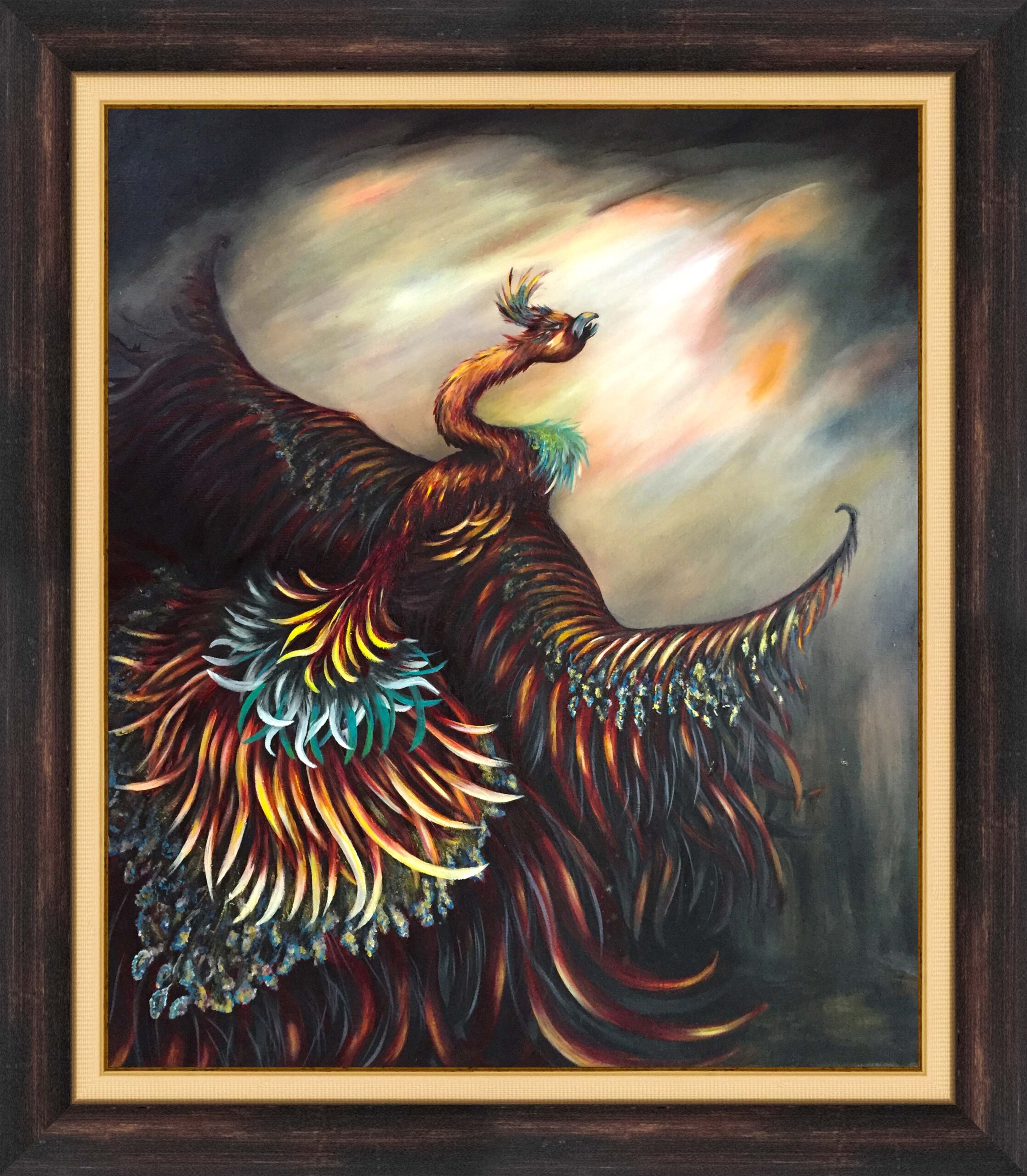 zümrütü anka, tuval, yağlı boya, simurg, phoenix, emerald phoenix