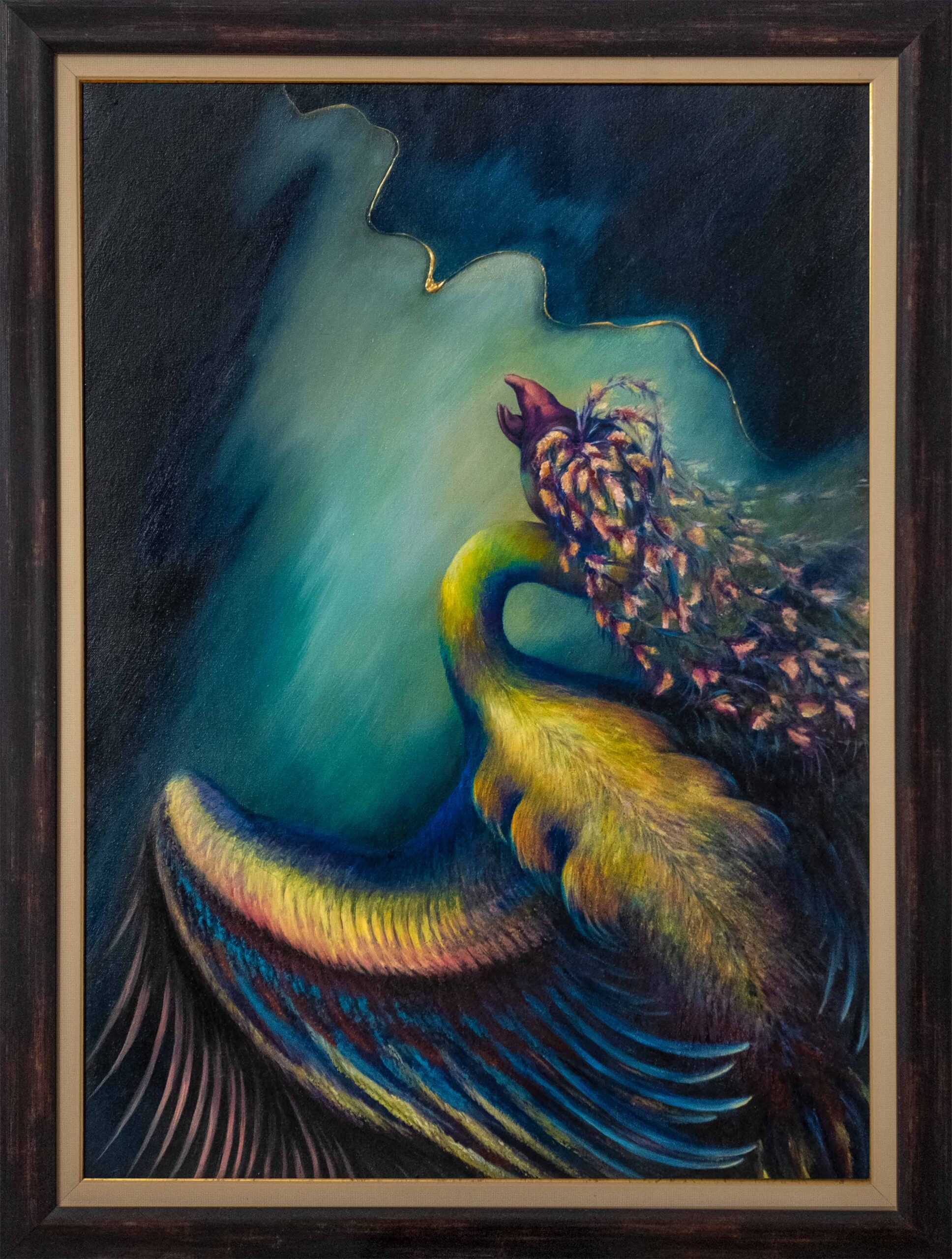 zümrütü anka, tuval, yağlı boya, simurg, phoenix, emerald phoenix