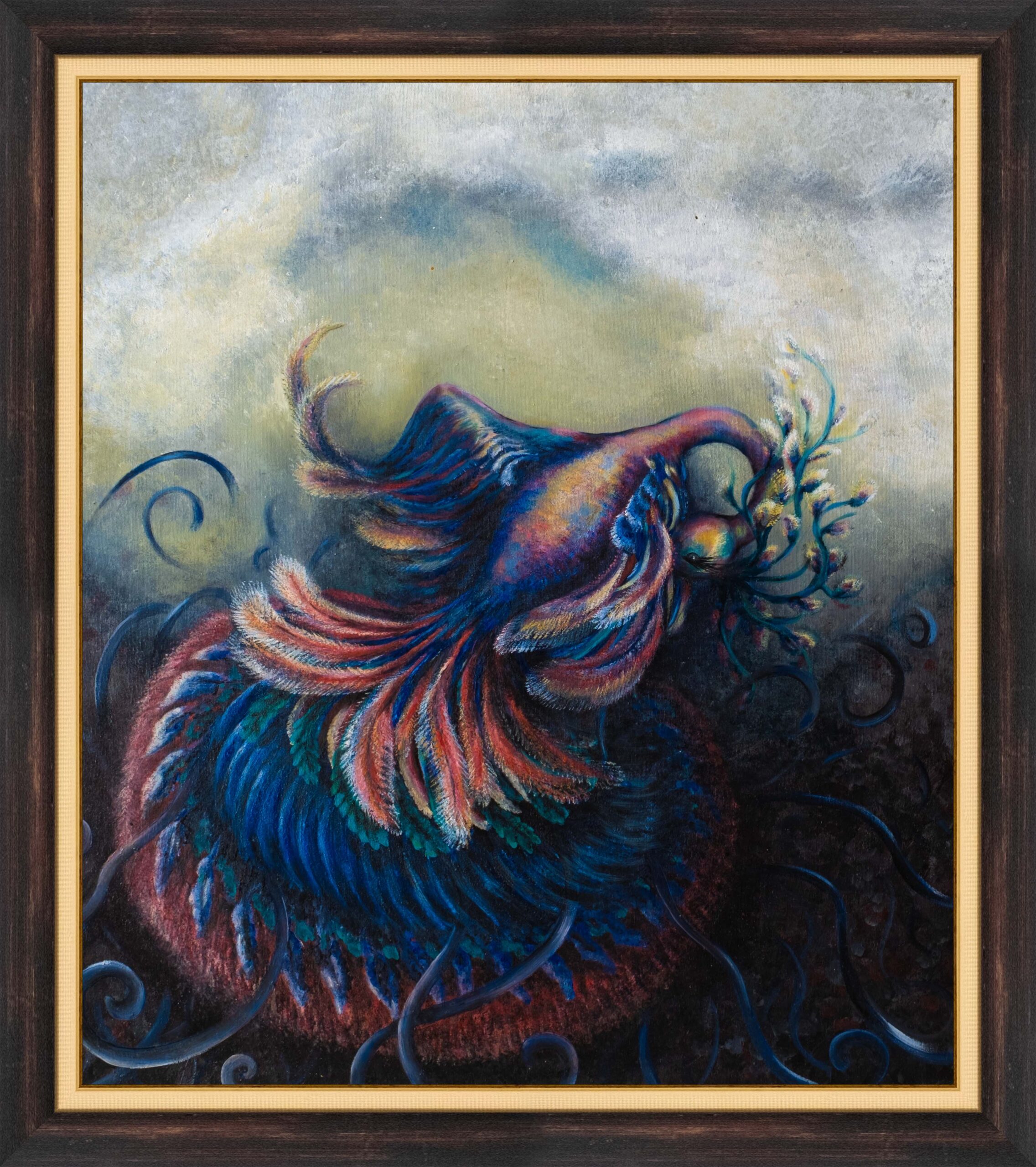 zümrütü anka, tuval, yağlı boya, simurg, phoenix, emerald phoenix