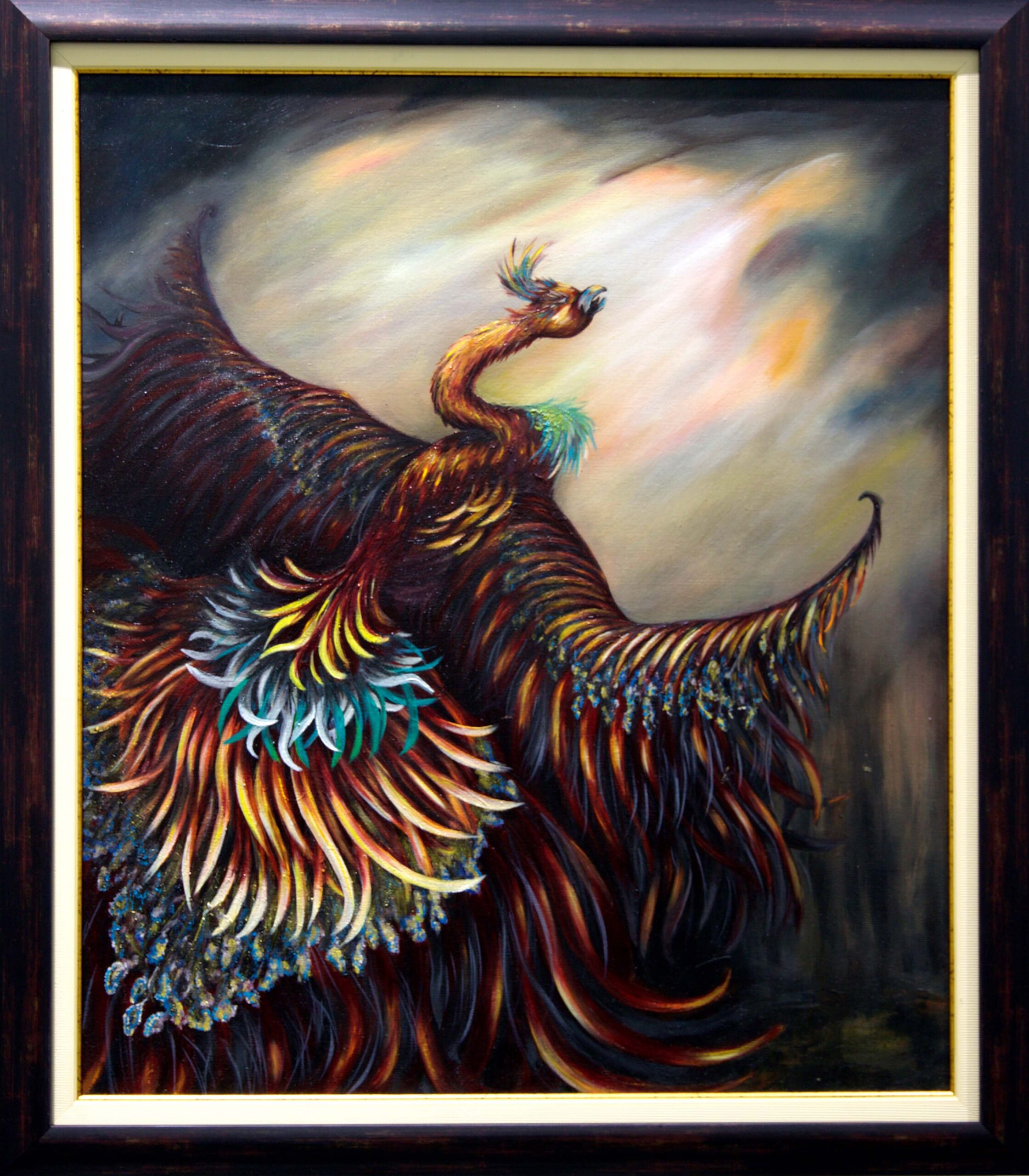 zümrütü anka, tuval, yağlı boya, simurg, phoenix, emerald phoenix