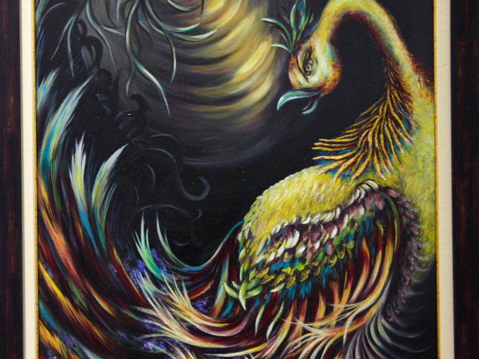 zümrütü anka, tuval, yağlı boya, simurg, phoenix, emerald phoenix