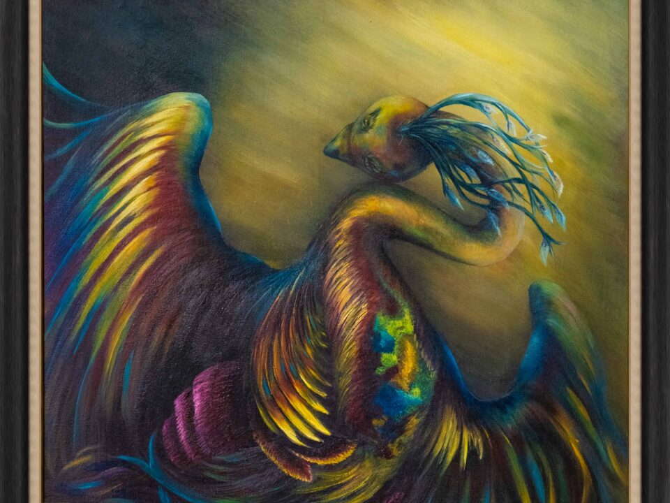 zümrütü anka, tuval, yağlı boya, simurg, phoenix, emerald phoenix