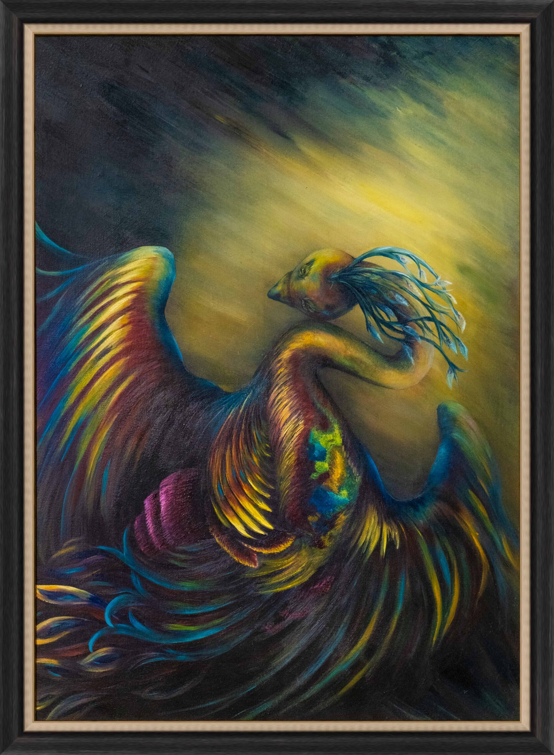 zümrütü anka, tuval, yağlı boya, simurg, phoenix, emerald phoenix