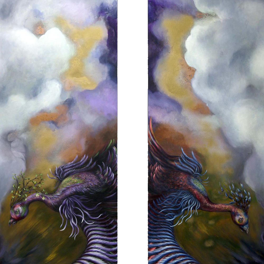 zümrütü anka, tuval, yağlı boya, simurg, phoenix, emerald phoenix