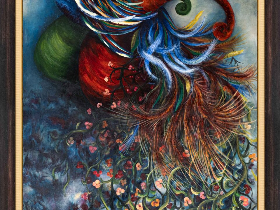 zümrütü anka, tuval, yağlı boya, simurg, phoenix, emerald phoenix