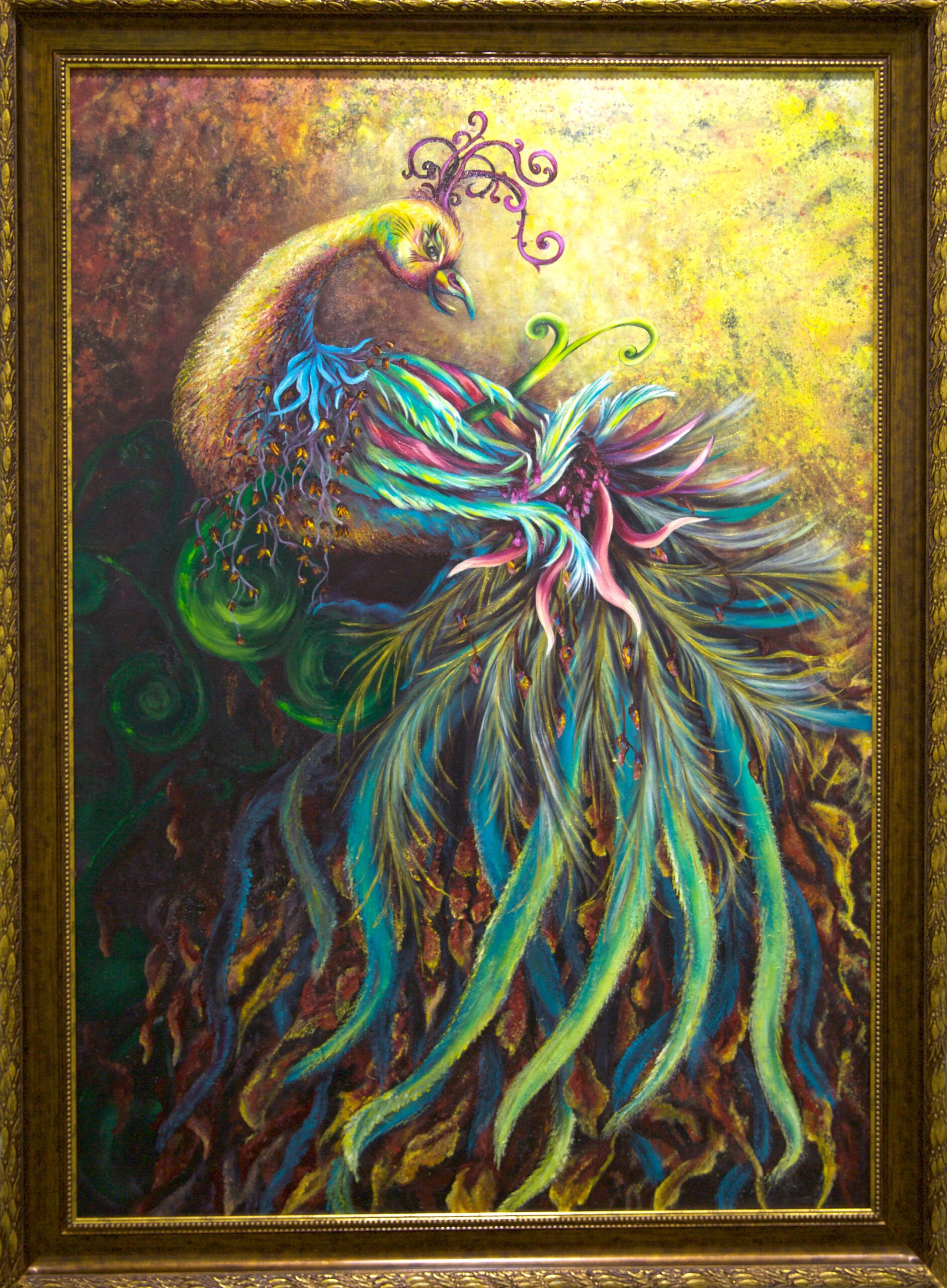 zümrütü anka, tuval, yağlı boya, simurg, phoenix, emerald phoenix