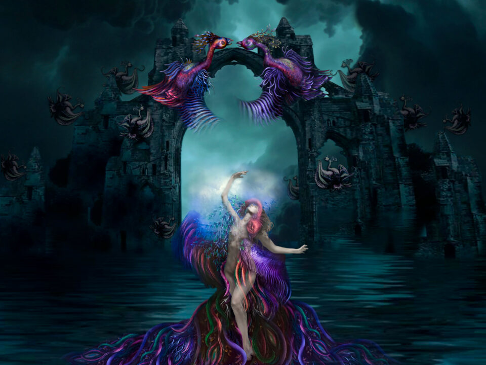 simurg, zümrüdü anka, phoenix, emerald phoenix, digital art, digital collage