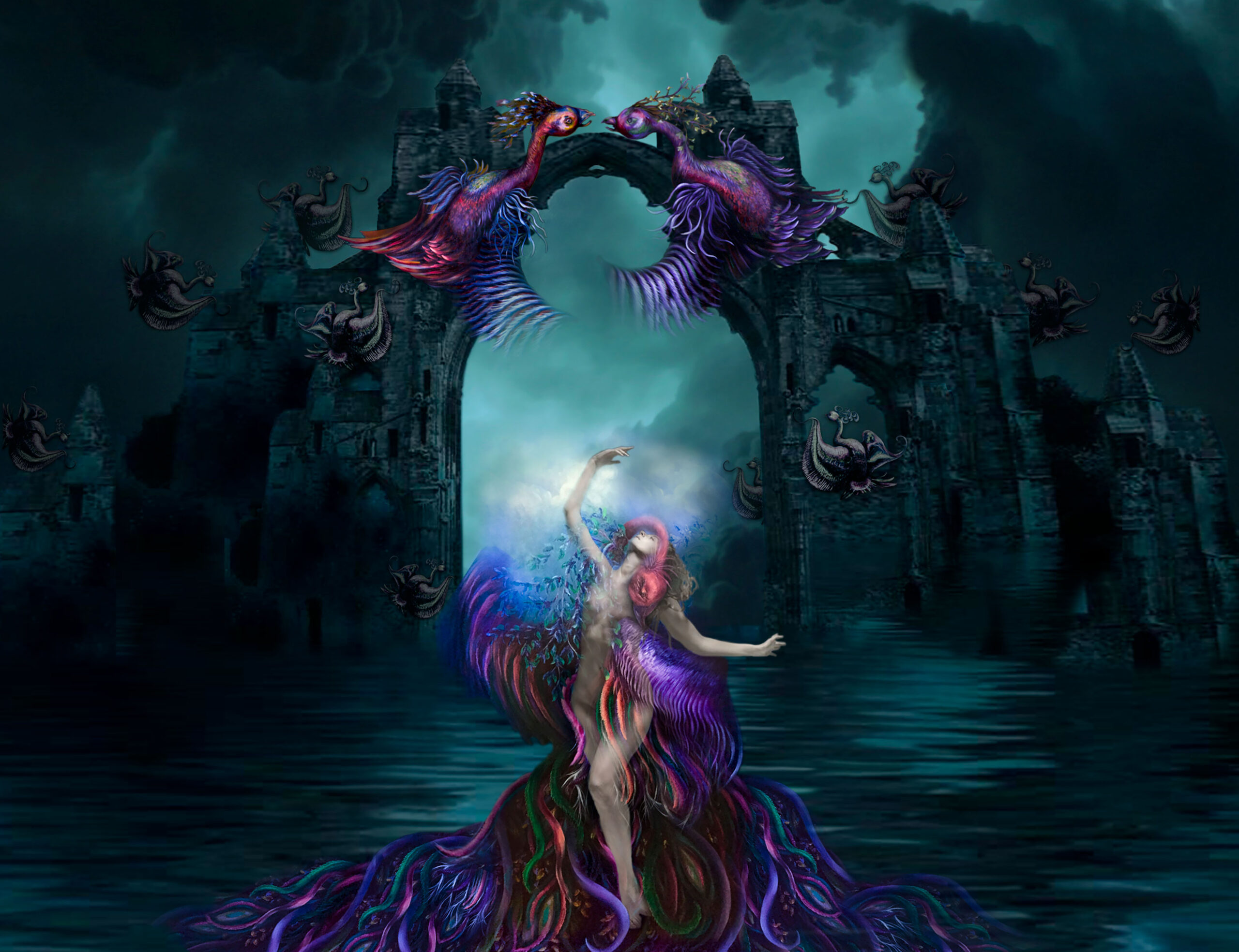 simurg, zümrüdü anka, phoenix, emerald phoenix, digital art, digital collage